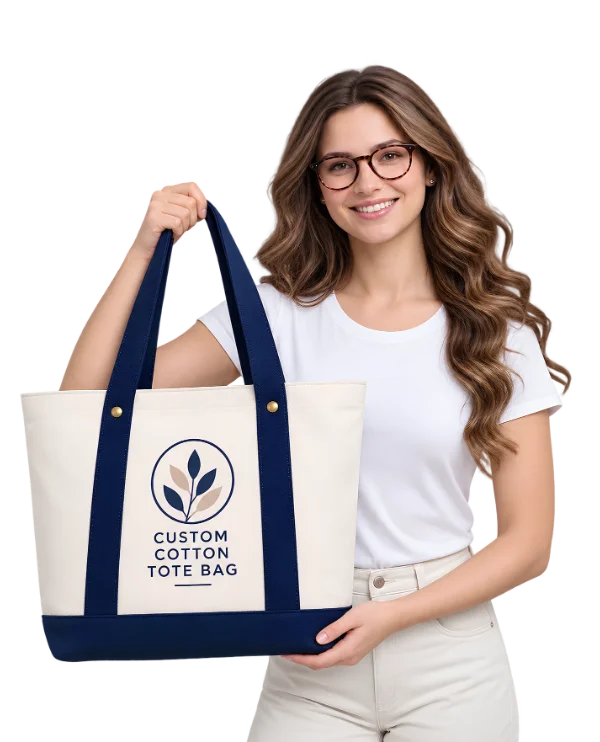 Smiling woman holding a custom cream cotton tote bag with navy blue reinforced handles, base trim, and botanical branding, isolated on a transparent background.