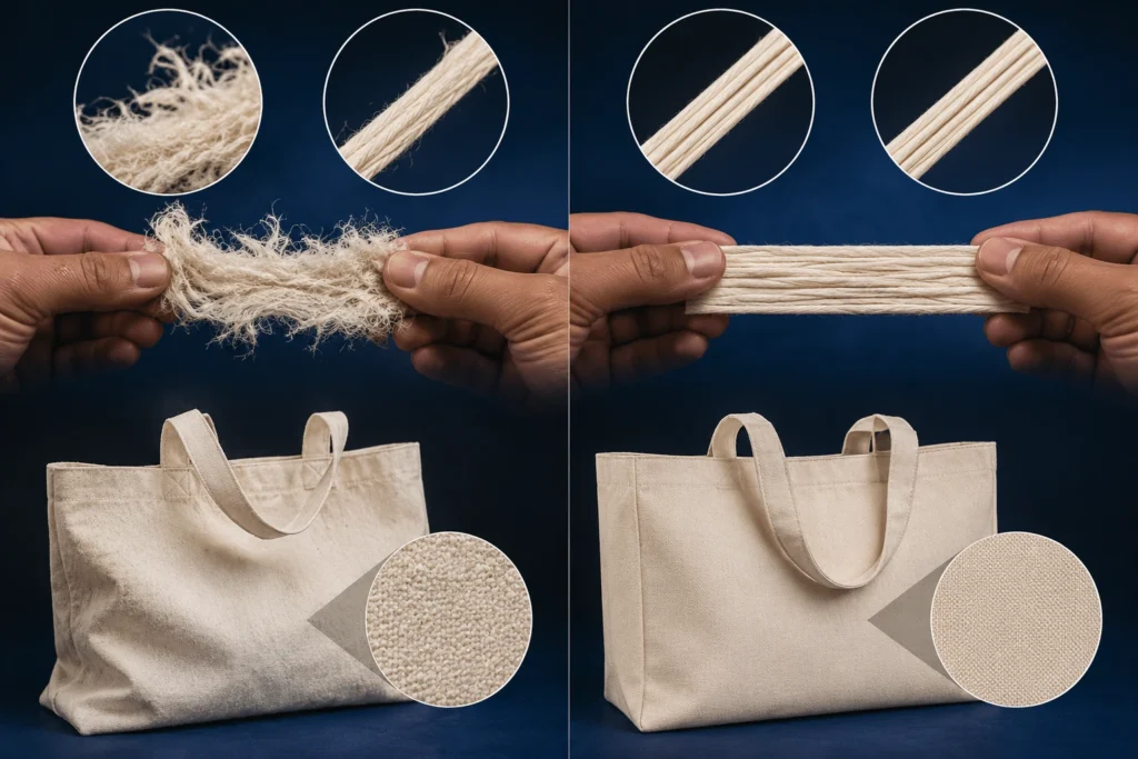 Carded open-end versus combed cotton yarn comparison showing rough tangled fibers and fuzzy tote fabric beside aligned cotton fibers and a smooth tightly woven tote bag.