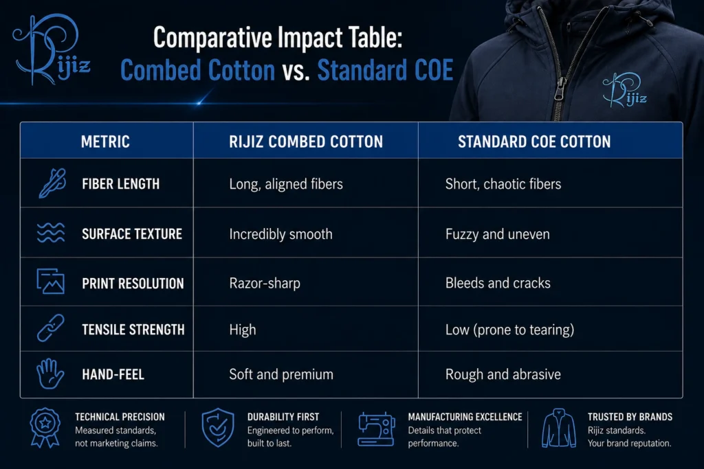 Comparative impact table showing Rijiz combed cotton versus standard COE cotton across fiber length, surface texture, print resolution, tensile strength and hand-feel.