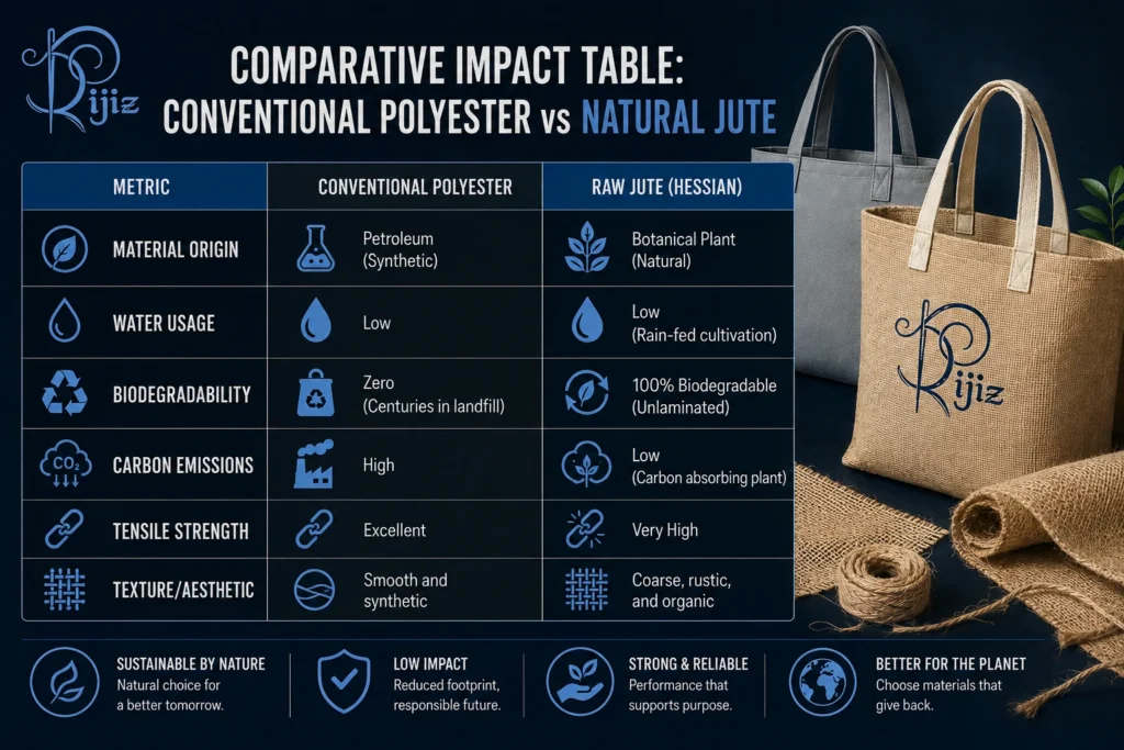 Comparative impact table showing conventional polyester versus natural jute across material origin, water usage, biodegradability, carbon emissions, tensile strength and texture, with polyester and jute tote bags.
