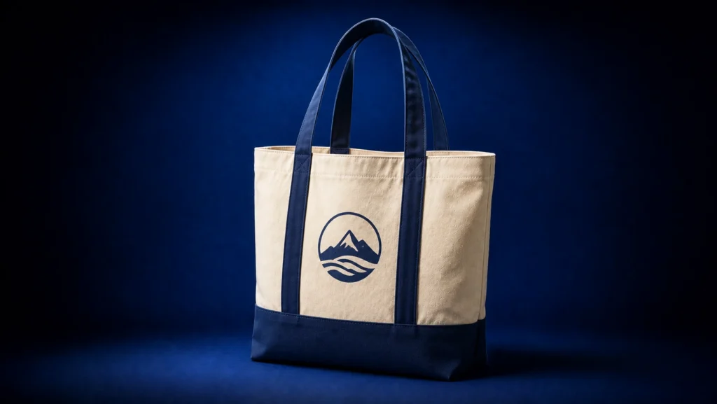 Custom canvas tote bag in natural beige with dark navy reinforced handles, bottom panel and mountain-inspired branding, displayed under focused studio lighting on a dark blue background.