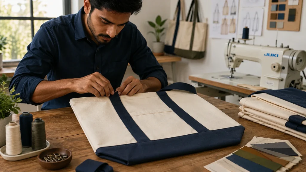 Skilled craftsman producing a custom cream canvas tote bag with navy reinforced handles and base in a professional bag manufacturing workshop.