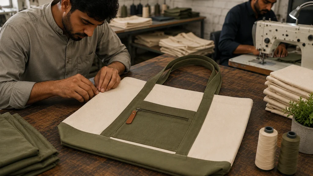 Custom cotton tote bag manufacturing in a workshop with craftsmen assembling a cream and olive cotton tote bag with reinforced handles and zipper pocket.