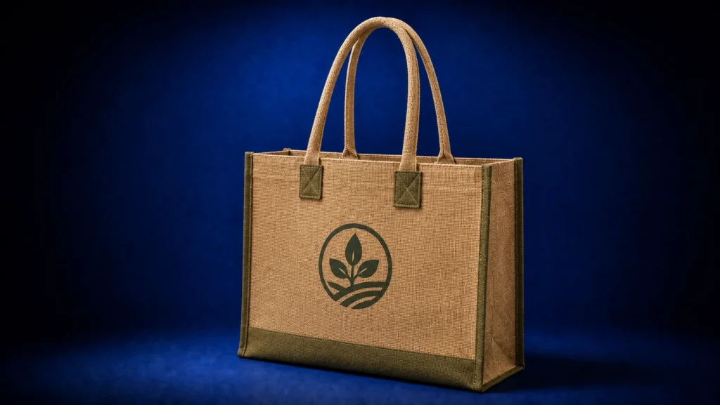 Custom jute and burlap tote bag with natural woven texture, olive green reinforced trim, long handles and botanical branding on a dark blue studio background.