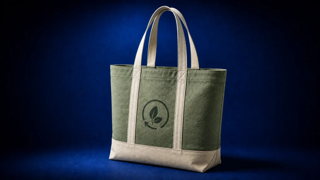 Custom recycled tote bag in sage green with cream reinforced handles, contrasting base panel and eco-inspired leaf branding, displayed under focused lighting on a dark blue studio background.