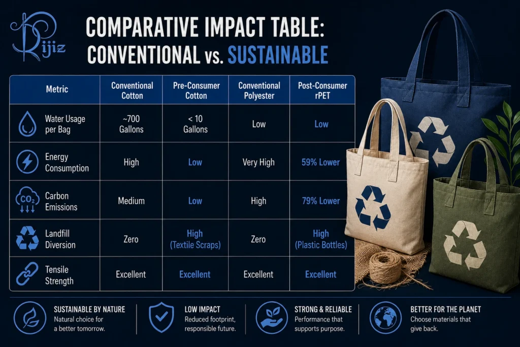 Comparative impact infographic for custom recycled tote bags showing conventional cotton, pre-consumer cotton, polyester, and post-consumer rPET sustainability metrics.