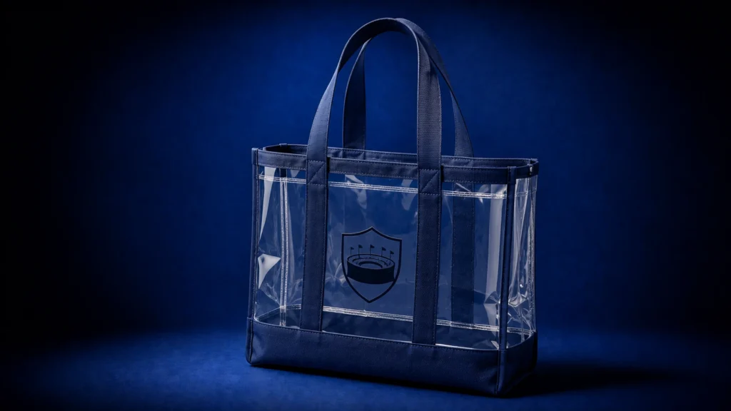 Custom clear stadium tote bag with transparent PVC panels, reinforced navy handles and trim, and stadium-inspired branding on a dark blue studio background.