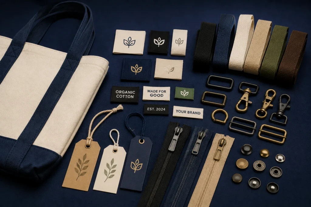 Custom tote bag labels and hardware selection featuring woven labels, hang tags, webbing straps, zippers, buckles, clips, rings and metal fasteners on a dark blue background.