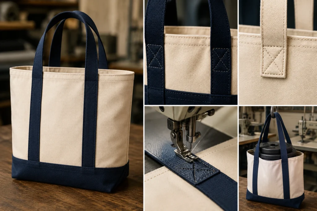 Custom canvas tote bag construction showing reinforced handles, X-box stitching, industrial sewing and a weighted strength test for durable load-bearing performance.