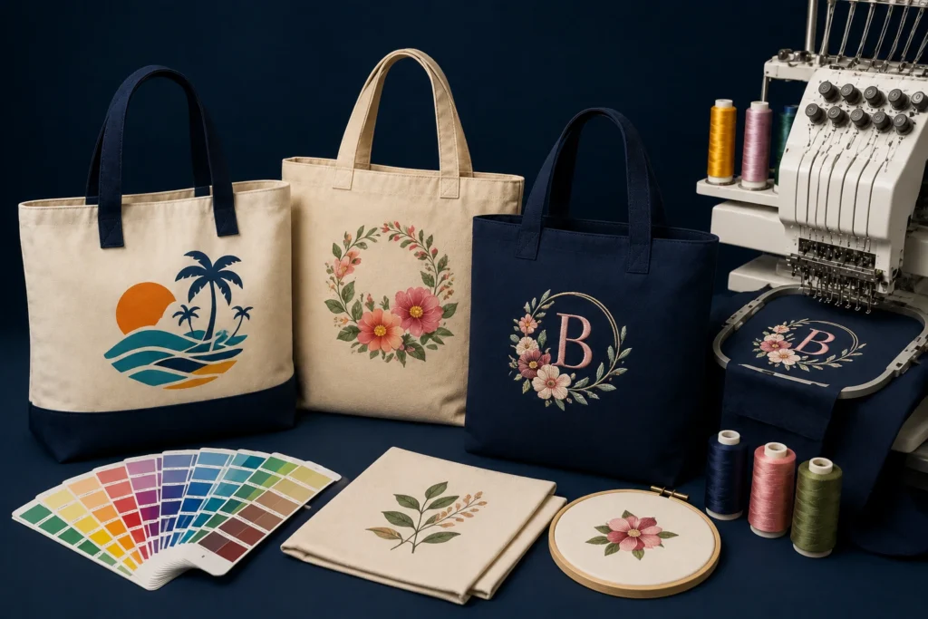 Custom tote bag printing and embroidery process featuring printed and embroidered tote bags, embroidery machine, colorful threads and fabric design samples.
