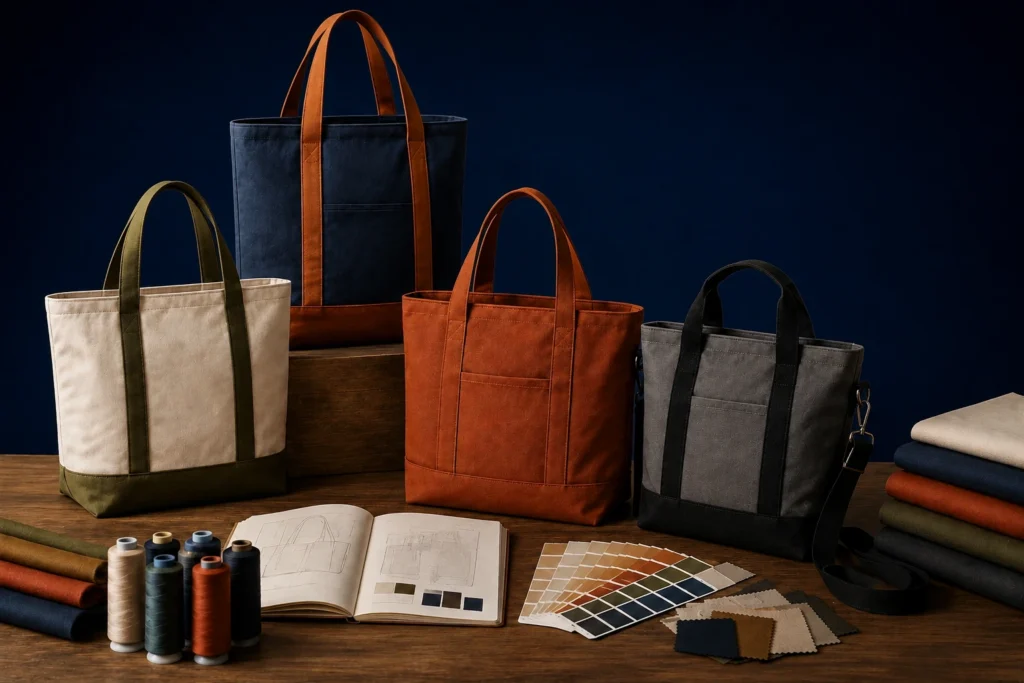 Custom sustainable tote bag collection with fabric samples, thread spools, design sketches and material swatches in a professional manufacturing studio.