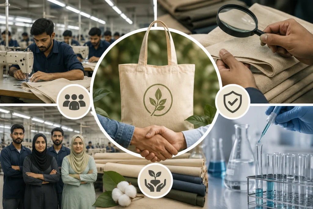 Ethical tote bag manufacturing showing skilled factory workers, fabric quality inspection, laboratory material testing, sustainable cotton materials and responsible production practices.