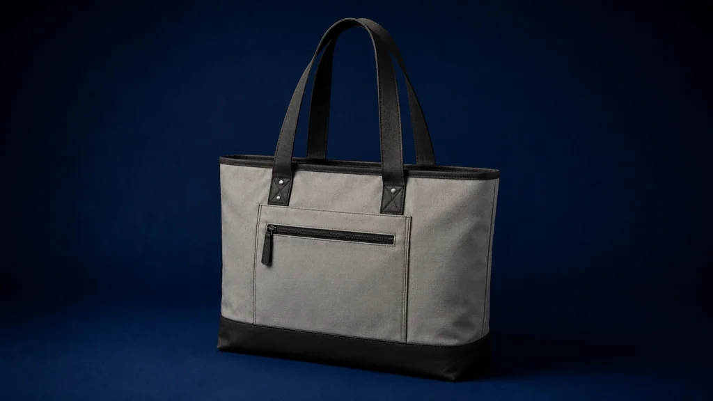 Custom gray polyester tote bag with reinforced black handles, zippered front pocket and durable base, representing ethical manufacturing and responsible labor standards.