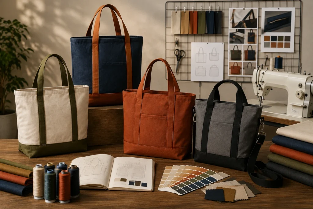 Custom tote bag manufacturing display featuring multiple canvas bag designs, fabric swatches, thread spools, design sketches and industrial sewing equipment in a professional workshop.
