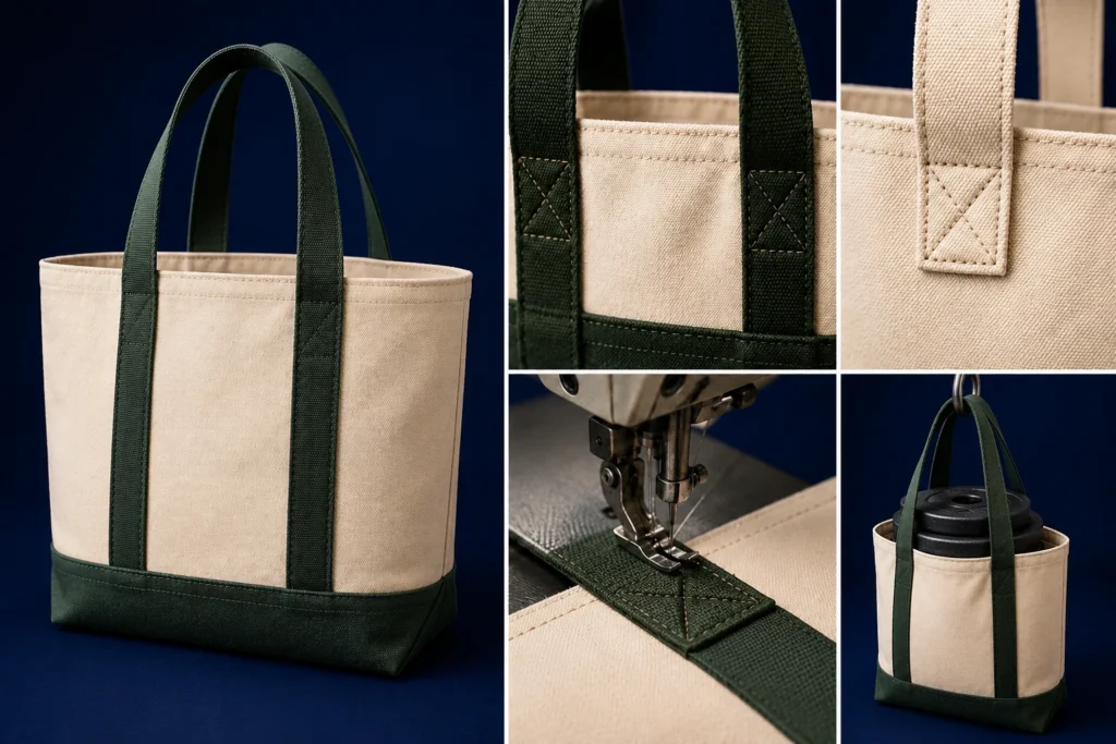 Sustainable canvas tote bag manufacturing showing reinforced handles, detailed stitching, industrial sewing and durability testing on a dark navy background.