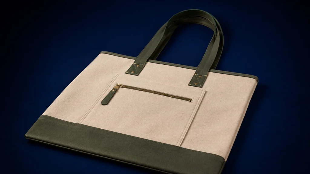 Custom beige tote bag with olive green reinforced handles, base trim and zippered front pocket, showcasing premium bulk-order bag construction.