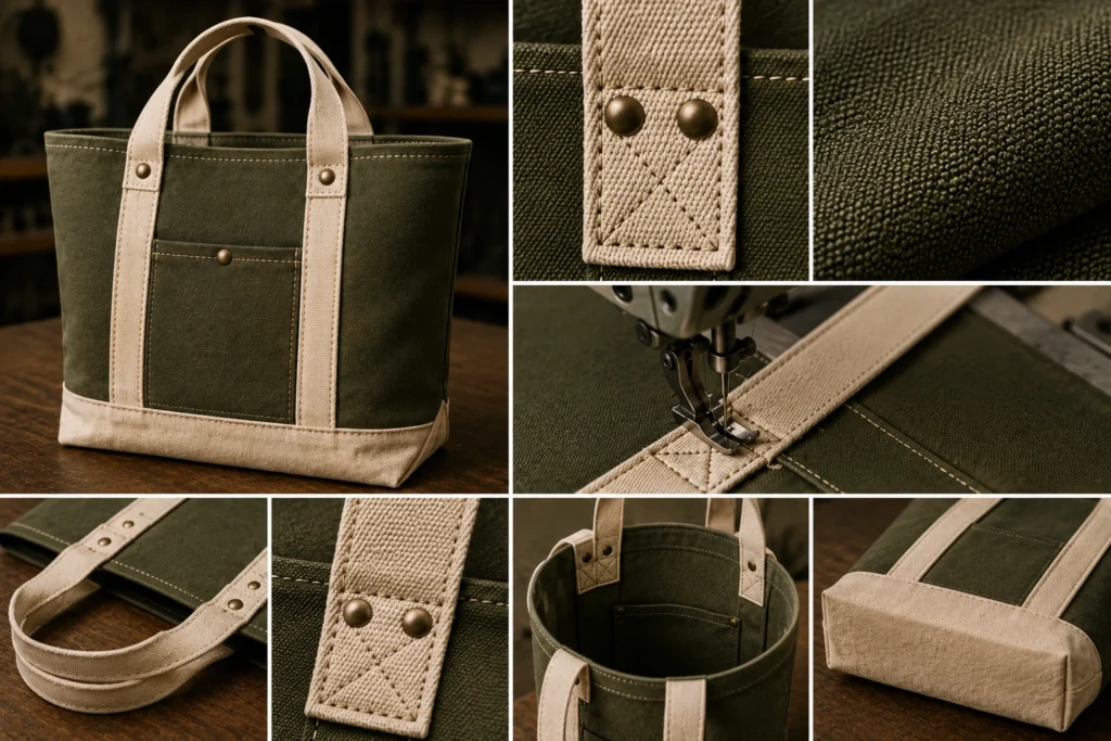 Olive green canvas tote craftsmanship collage highlighting reinforced cream handles, X-box stitching, brass rivets, heavy woven fabric, industrial sewing and durable handle attachment construction.