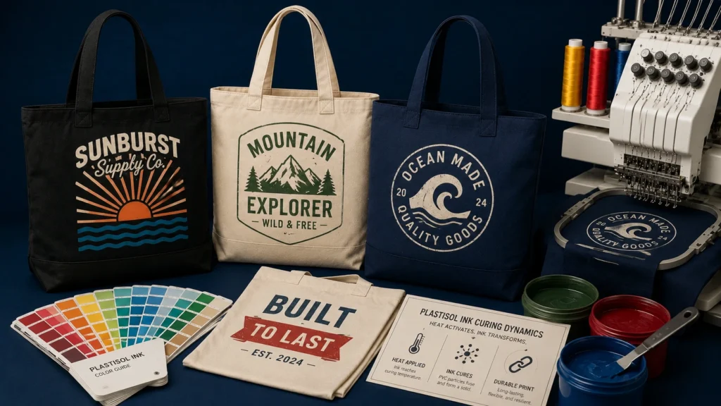 Custom canvas tote bags showcasing plastisol ink printing with colorful graphics, ink containers, color swatches and professional production equipment on a dark navy studio background.Custom canvas tote bags showcasing plastisol ink printing with colorful graphics, ink containers, color swatches and professional production equipment on a dark navy studio background.