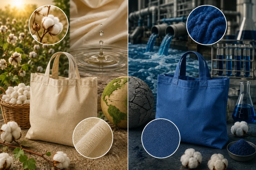 Unbleached natural greige cotton tote compared with dyed cotton, showing raw cotton fibers, natural fabric and clean water alongside blue dyed fabric and textile dye processing
