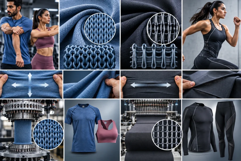Side-by-side comparison of circular and warp knit activewear fabrics, showing close-up knit structures, stretch demonstrations, knitting machines, and finished performance garments.