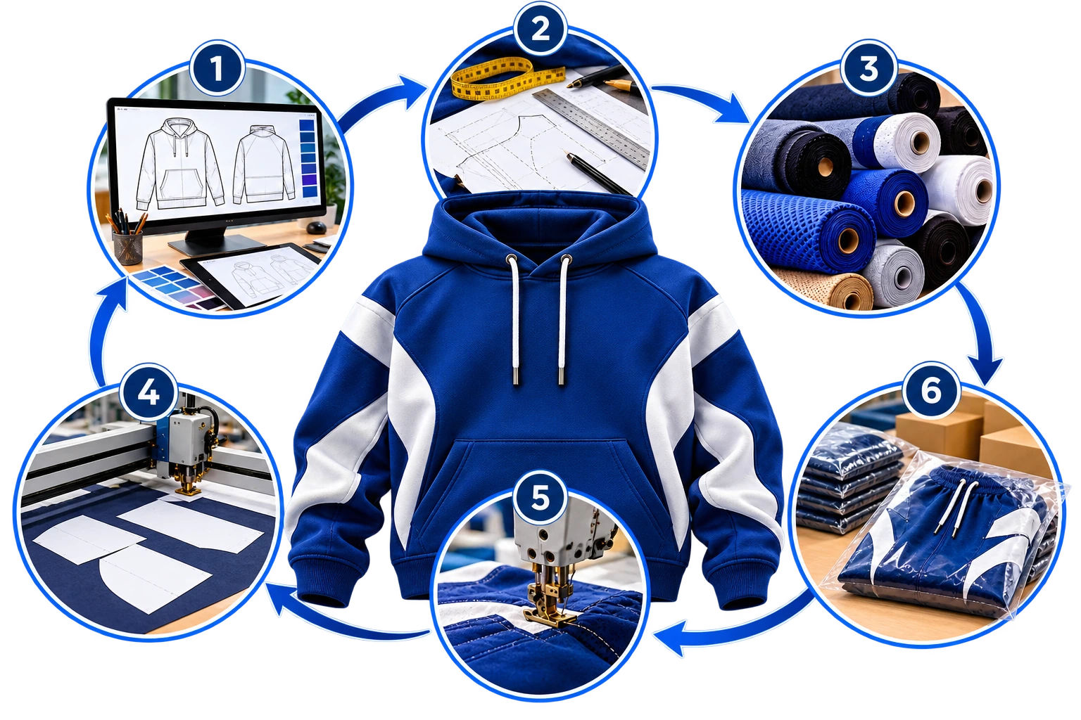 Clothing manufacturing process showing garment design, pattern development, fabric sourcing, cutting, sewing, and final packaging.