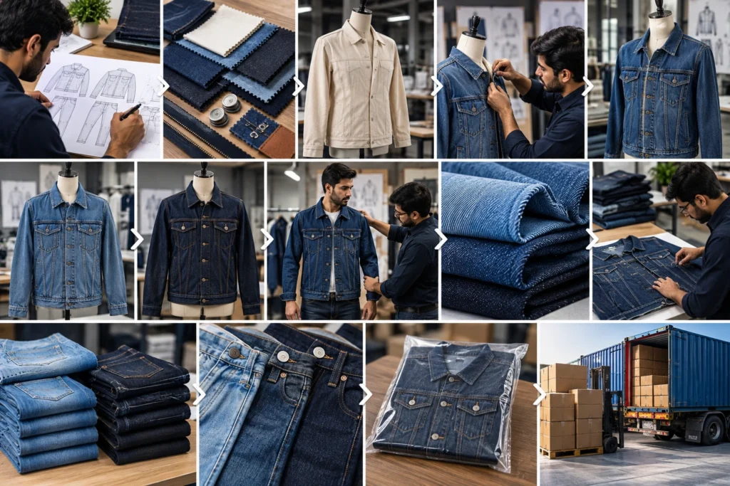 Clothing sampling stages shown through garment sketches, fabric selection, prototype jackets, fit checks, sample revisions, and final production preparation.