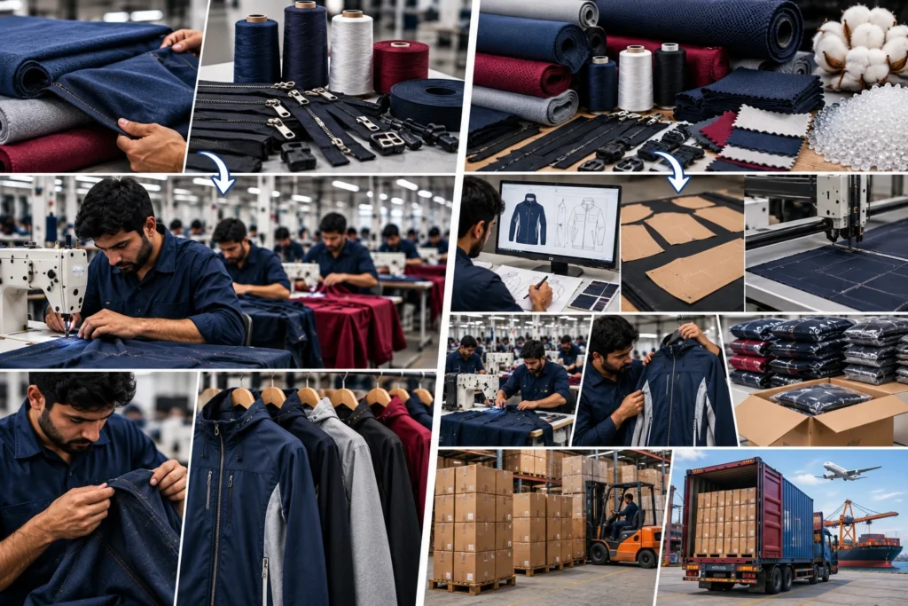 Side-by-side collage comparing CMT and FOB apparel production, from supplied fabrics and garment sewing to material sourcing, quality inspection, packaging, and shipping.