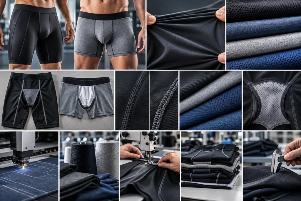 Compression shorts and boxer briefs comparison showing fabric stretch, breathable materials, flatlock and overlock seams, gusset construction, garment cutting, sewing, and quality inspection.