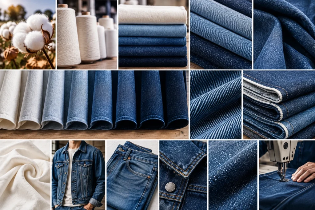 Cotton and denim fabric weight comparison featuring cotton yarn, light-to-heavy indigo denim swatches, a denim jacket, and close-ups of fabric texture and stitching.
