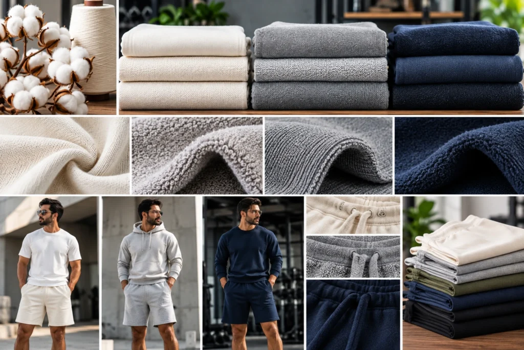 Cotton, French terry, and fleece fabric blends shown through close-up textures, folded textiles, and men’s casual shorts and sweatwear.