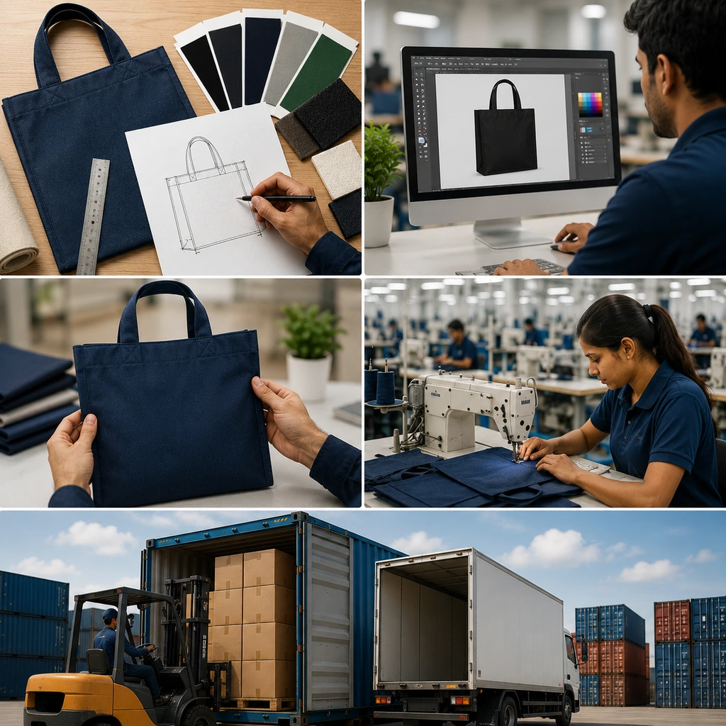Custom bulk tote bag manufacturing process from design and sample approval to factory production, quality control and global shipping.