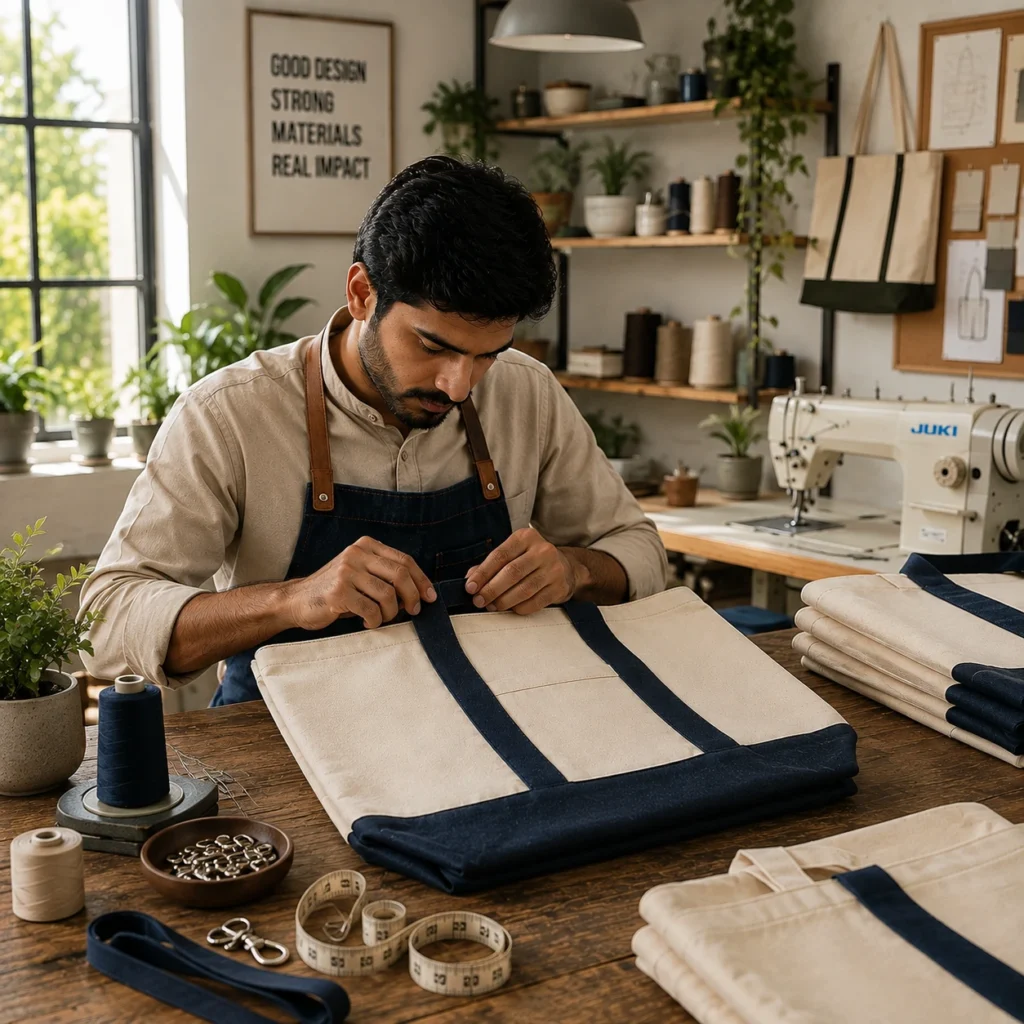 Pakistani craftsman assembling a custom canvas tote bag with reinforced navy handles in a professional manufacturing workshop.