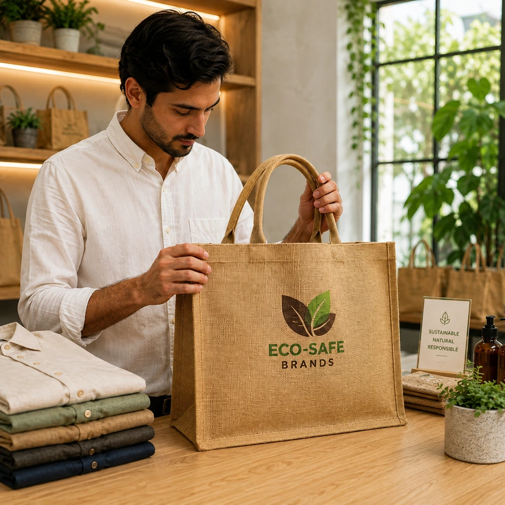 Custom eco-friendly jute and burlap tote bag displayed in a sustainable retail setting.