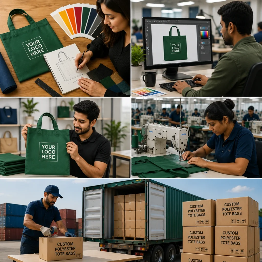 Custom polyester tote bag manufacturing process showing design, customization, sewing, quality inspection, packaging, and bulk shipping.