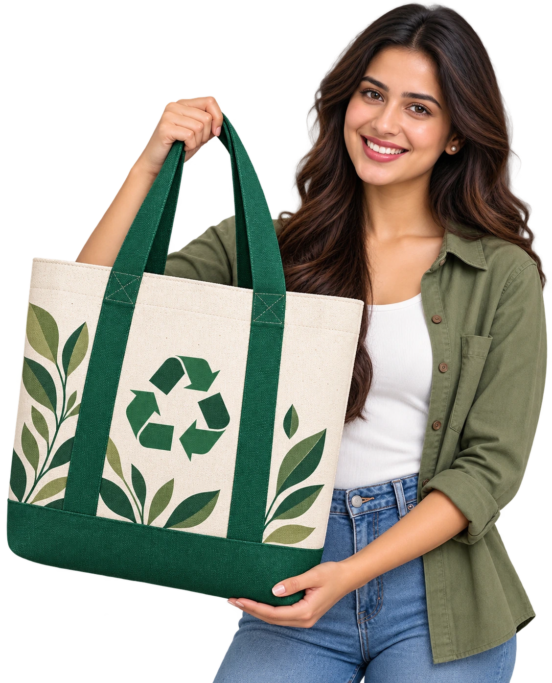 Woman holding a custom recycled tote bag with green reinforced handles, botanical graphics, and a recycling symbol.