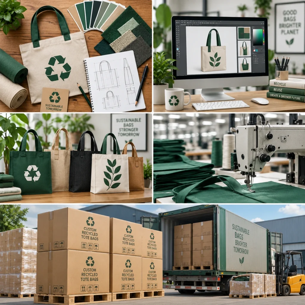 Custom recycled tote bag manufacturing process showing sustainable fabric selection, bag design, industrial stitching, finished recycled totes, bulk packaging, and global shipping.