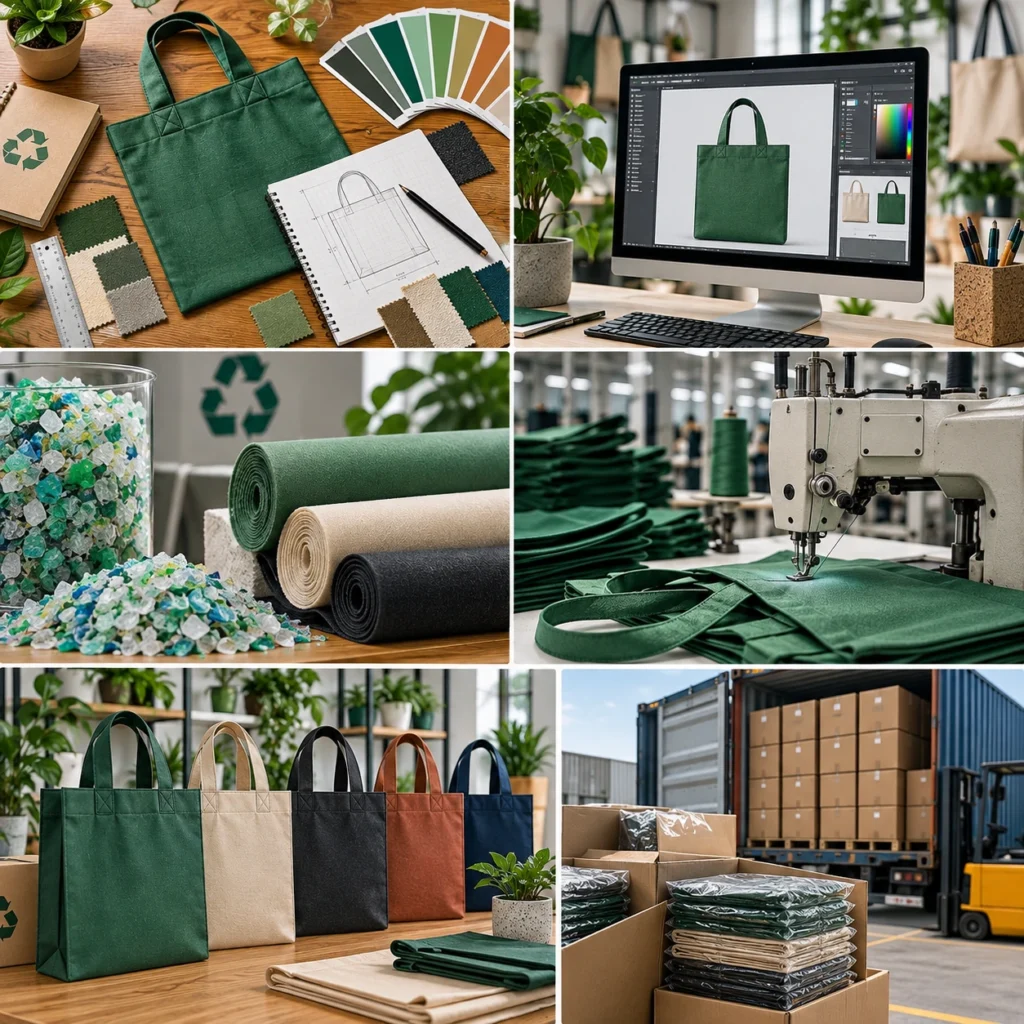 Custom recycled tote bag manufacturing process showing recycled materials, fabric selection, bag design, industrial sewing, finished tote styles, packaging, and bulk shipping.