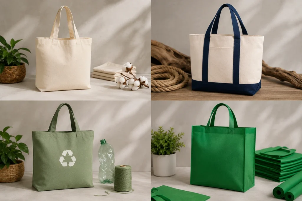 Custom cotton, canvas, recycled, and non-woven tote bag options showcasing different materials and manufacturing styles.