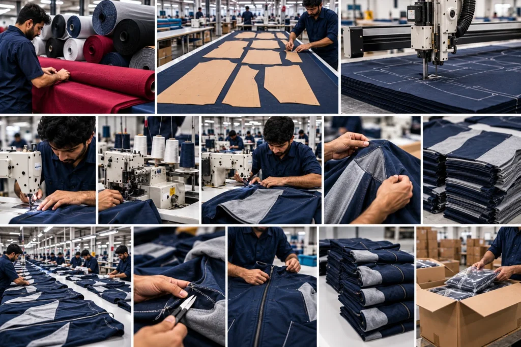 Cut-and-sew garment factory collage showing fabric rolls, pattern layout, automated cutting, industrial sewing, seam inspection, and finished clothing being packed.
