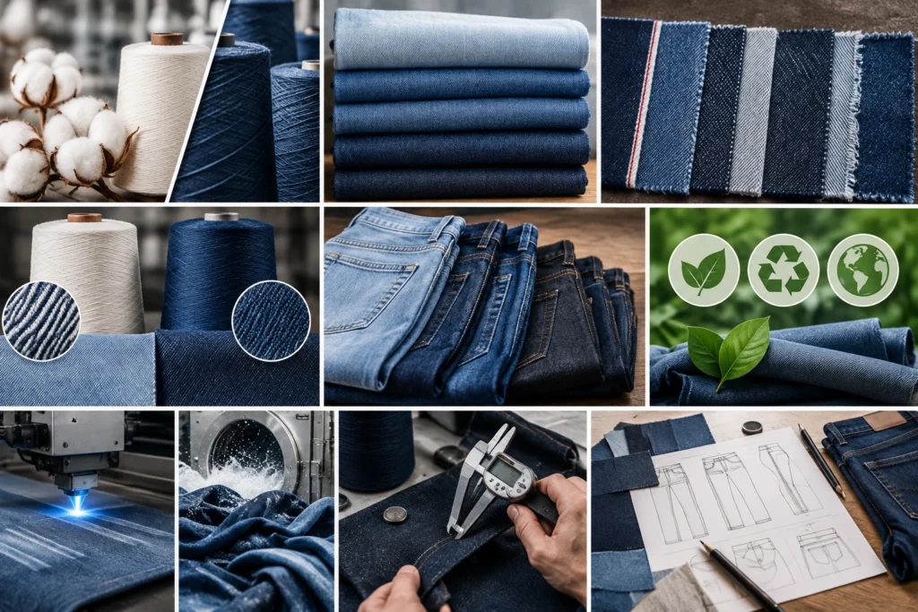Denim sourcing collage featuring cotton yarn, denim fabric weights and weaves, jeans, sustainable materials, laser finishing, fabric testing, and garment technical drawings.