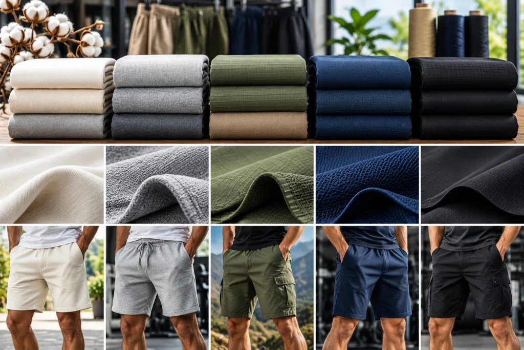 Fabric options for shorts displayed with cotton, fleece, ripstop, mesh, and technical textile samples alongside casual, athletic, and cargo shorts.