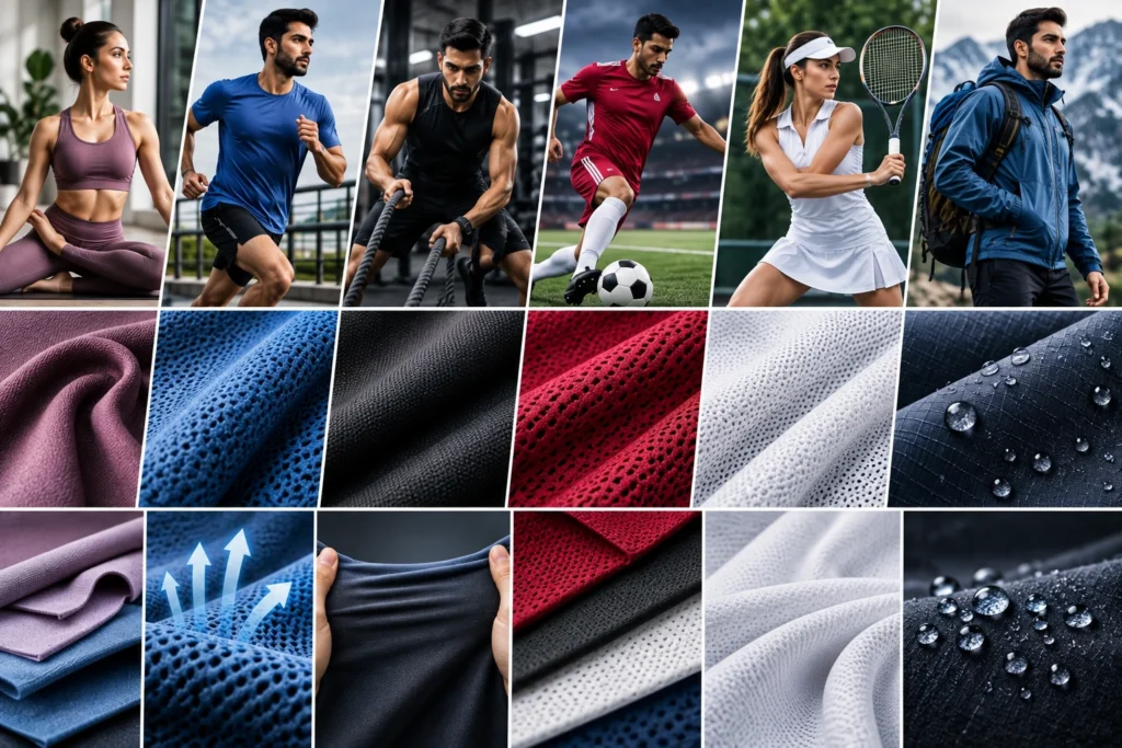 Activewear fabric selection collage featuring yoga, running, HIIT, soccer, tennis, and hiking apparel alongside close-ups of stretch, breathable mesh, and water-repellent fabrics.