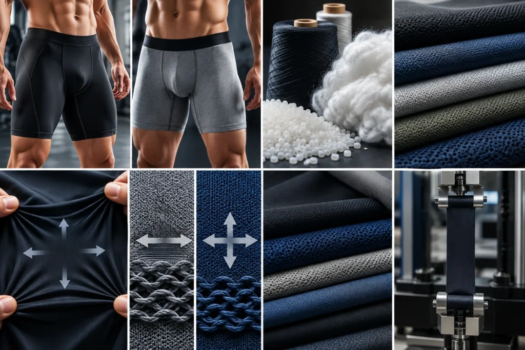 Compression shorts and boxer briefs fabric comparison showing synthetic fibers, stretch-knit textures, two-way and four-way stretch, and laboratory fabric testing.