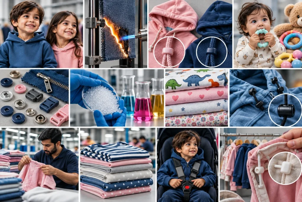 Kidswear safety collage showing fabric flammability testing, hoodie drawstrings, small garment parts, chemical testing, and children’s clothing quality inspections.