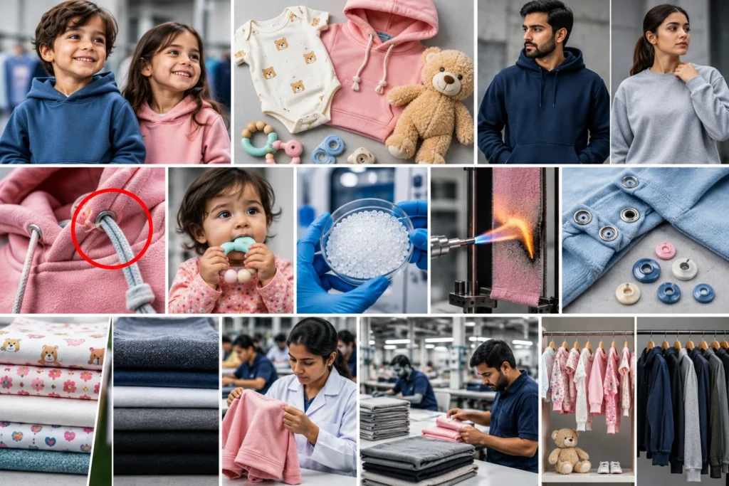 Kidswear and adult apparel compliance collage showing children’s clothing, drawstring and small-part safety checks, fabric flammability testing, and garment quality inspections.