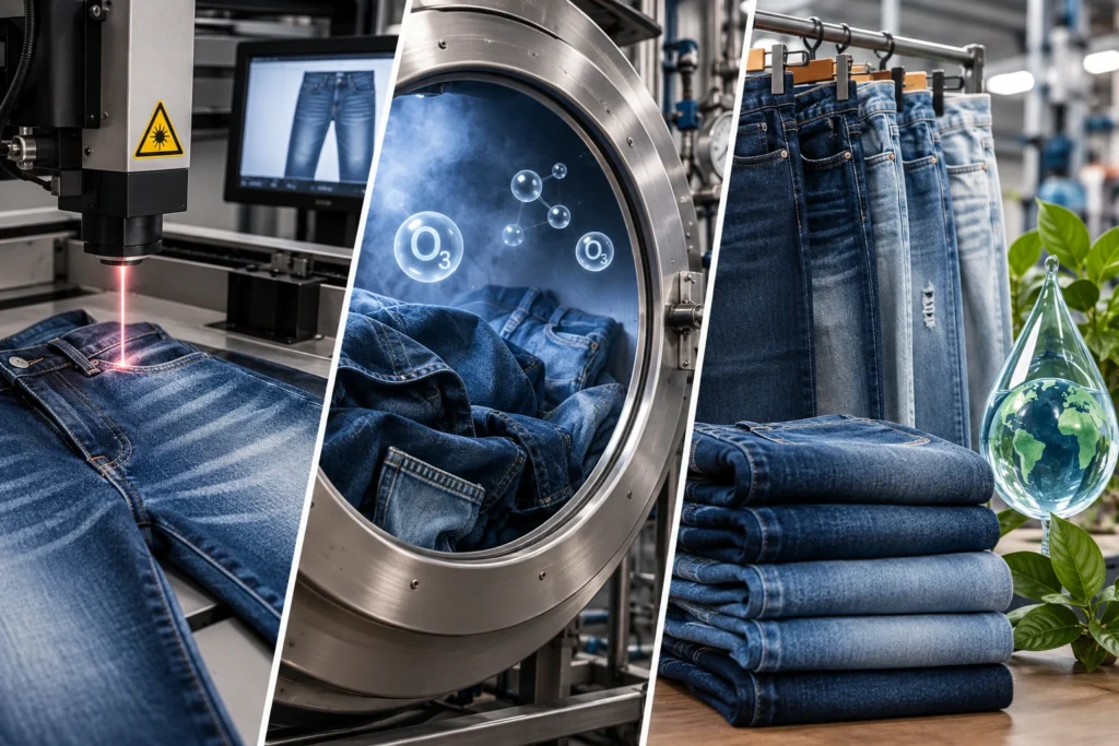 Denim finishing process showing laser fading, ozone washing, and finished jeans in different washes, highlighting water-saving manufacturing techniques.