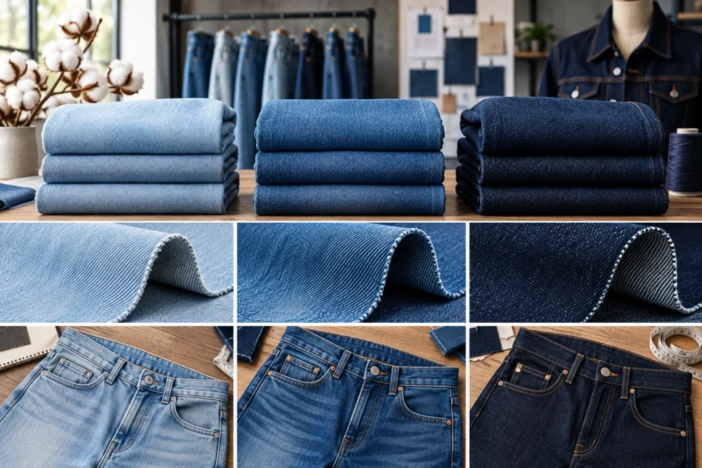 Comparison of lightweight, midweight, and heavyweight denim fabrics showing folded stacks, close-up weave textures, and jeans in three shades of blue.