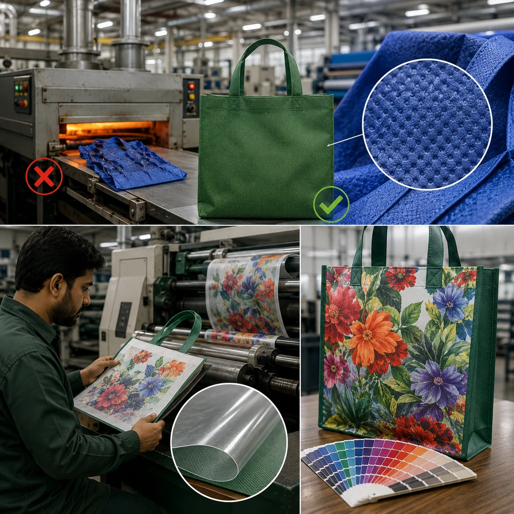 Non-woven tote bag printing and lamination process showing heat-sensitive polypropylene fabric, textured NWPP material, laminated printing, and a finished full-color custom tote bag.