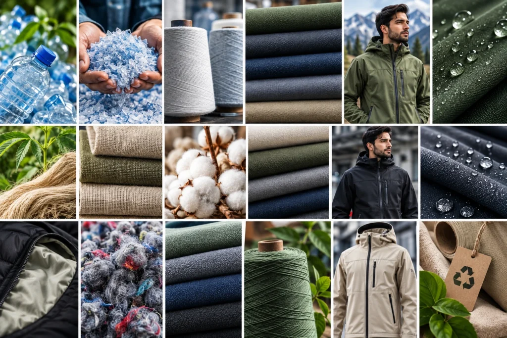 Collage of recycled and responsibly sourced jacket materials, including recycled plastic flakes, yarn, cotton, fabric swatches, technical jackets, and water-resistant textiles.