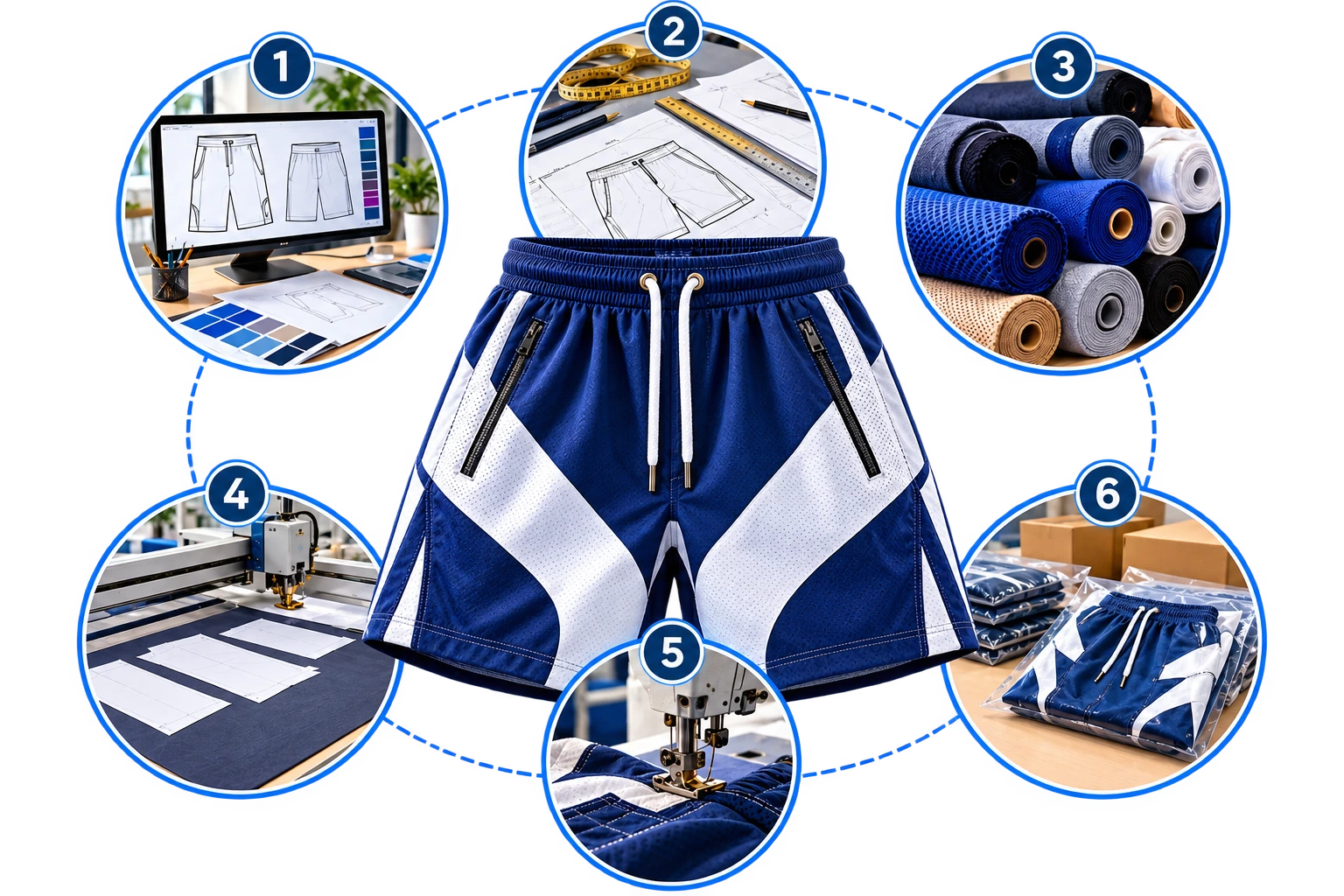 Shorts manufacturing process showing design, pattern development, fabric sourcing, cutting, sewing, and final packaging.